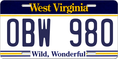 WV license plate OBW980