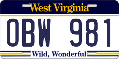 WV license plate OBW981