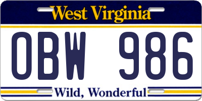WV license plate OBW986