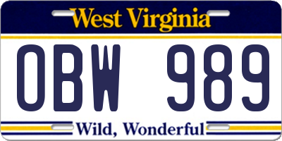 WV license plate OBW989