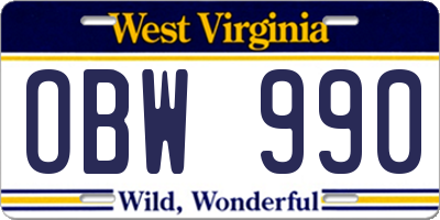 WV license plate OBW990