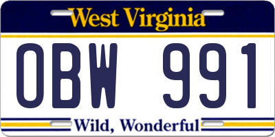 WV license plate OBW991