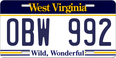 WV license plate OBW992
