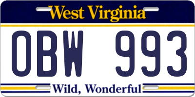 WV license plate OBW993