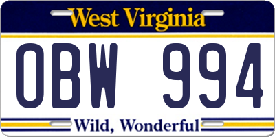 WV license plate OBW994