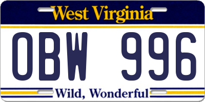 WV license plate OBW996