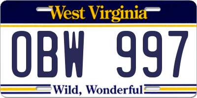 WV license plate OBW997