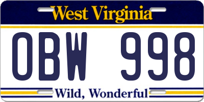 WV license plate OBW998