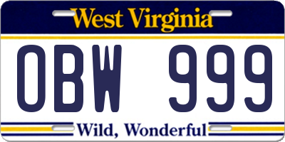 WV license plate OBW999
