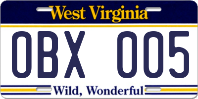 WV license plate OBX005