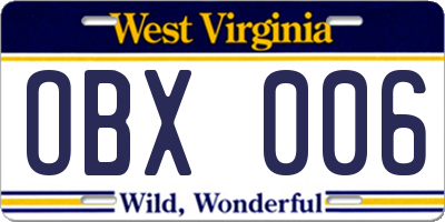 WV license plate OBX006