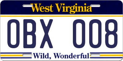 WV license plate OBX008