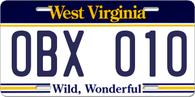 WV license plate OBX010