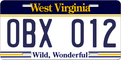WV license plate OBX012