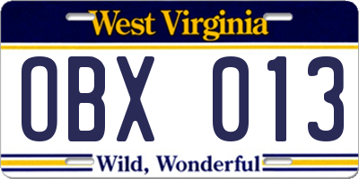 WV license plate OBX013