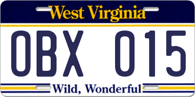 WV license plate OBX015