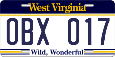 WV license plate OBX017