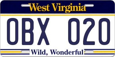 WV license plate OBX020