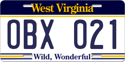 WV license plate OBX021