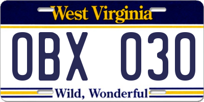 WV license plate OBX030