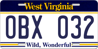 WV license plate OBX032