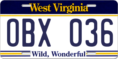 WV license plate OBX036