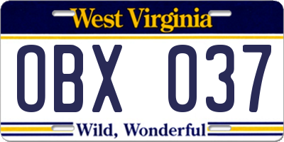WV license plate OBX037