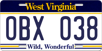 WV license plate OBX038