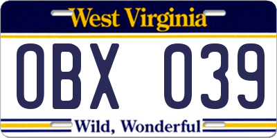 WV license plate OBX039