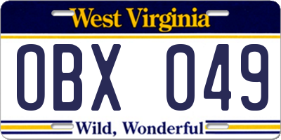 WV license plate OBX049