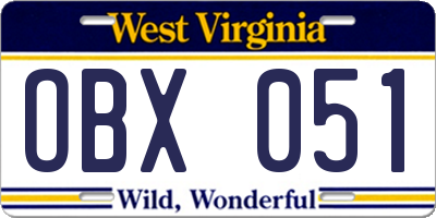 WV license plate OBX051
