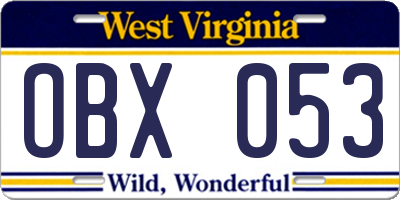 WV license plate OBX053