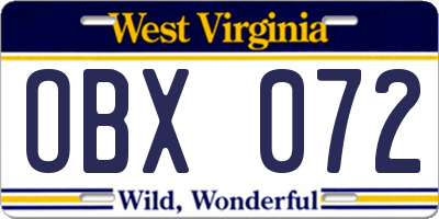 WV license plate OBX072