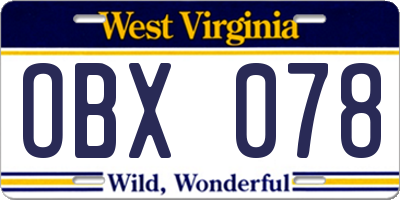 WV license plate OBX078