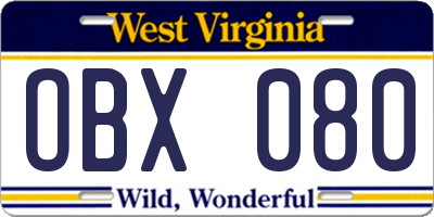 WV license plate OBX080