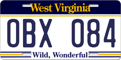 WV license plate OBX084