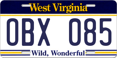 WV license plate OBX085