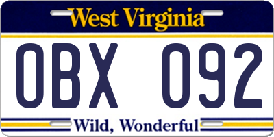 WV license plate OBX092