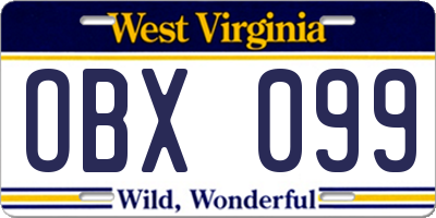 WV license plate OBX099
