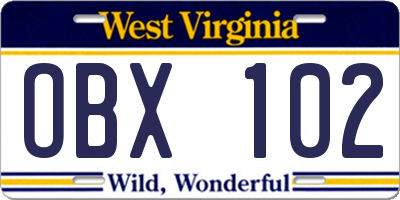 WV license plate OBX102