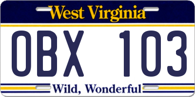 WV license plate OBX103