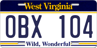 WV license plate OBX104