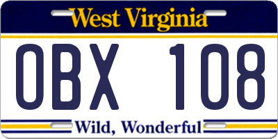 WV license plate OBX108