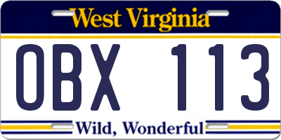 WV license plate OBX113