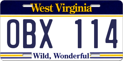 WV license plate OBX114