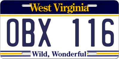 WV license plate OBX116