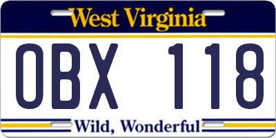 WV license plate OBX118
