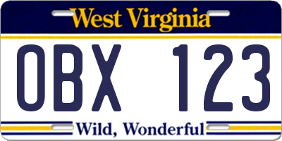 WV license plate OBX123