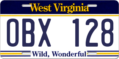 WV license plate OBX128