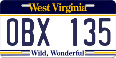 WV license plate OBX135